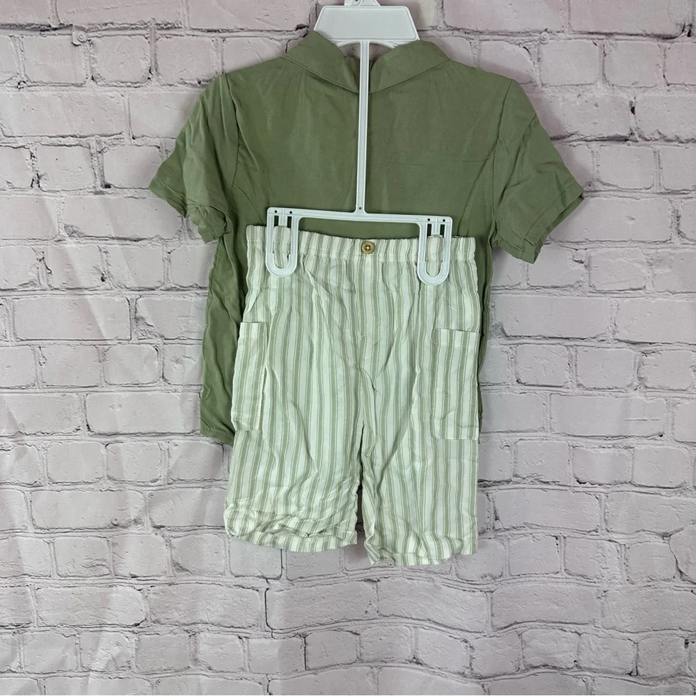 NWT rabbit + bear organic cotton linen blend short set boys sage green